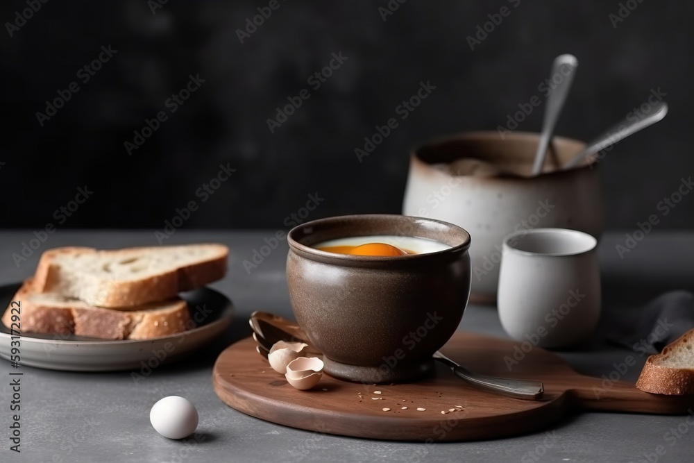 a bowl of soup and a plate of bread on a table. generative ai a bowl of soup and a plate of bread on a table. generative ai