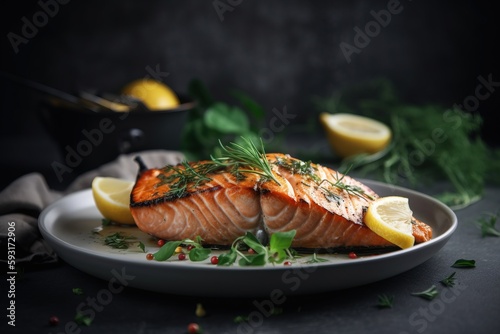  a plate of salmon with lemons and herbs on it. generative ai