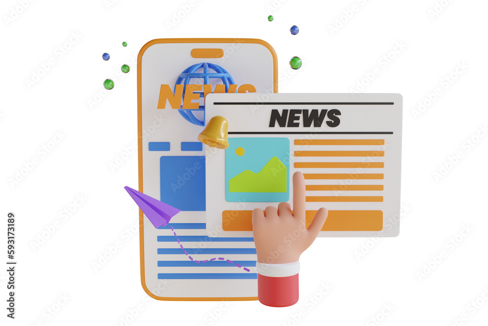 3d Mobile news application in smartphone. reading online news on website with cellphone. Concept News update. 3D Illustration 3d Mobile news application in smartphone. reading online news on website with cellphone. Concept News update. 3D Illustration