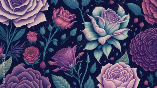 Seamless pattern with roses and leaves. Floral background generative ai