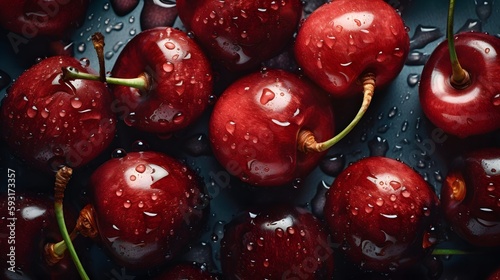 Fresh Cherry seamless background, adorned with glistening droplets of water. Top down view. Food Advertising photography. Commercial photography. Ai generative