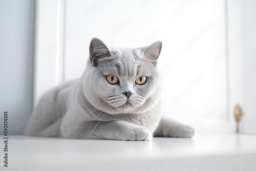 Fototapeta premium a gray and white cat laying on a white counter next to a window. generative ai