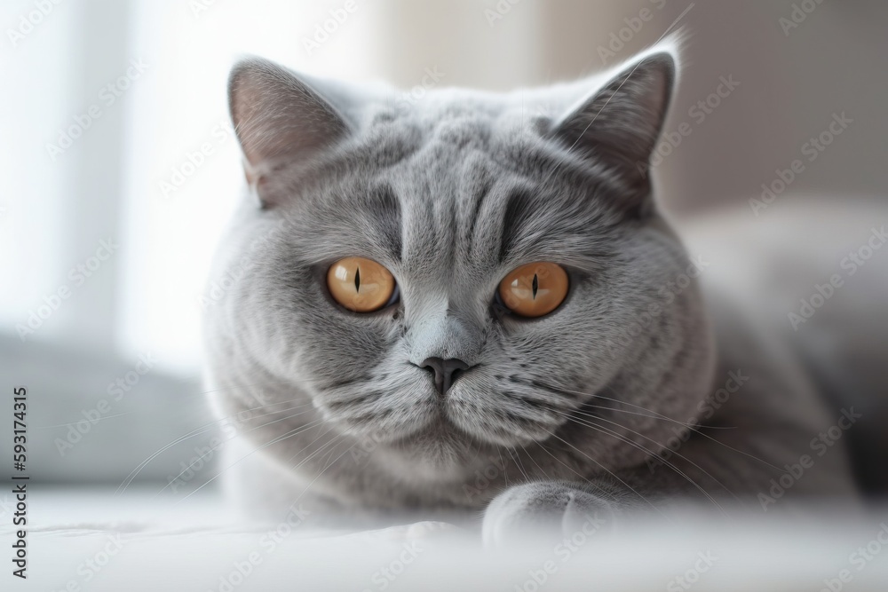  a gray cat with orange eyes laying on a bed looking at the camera.  generative ai