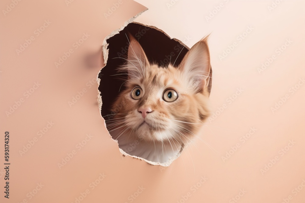 a cat looking out of a hole in a pink wall. generative ai a cat looking out of a hole in a pink wall. generative ai