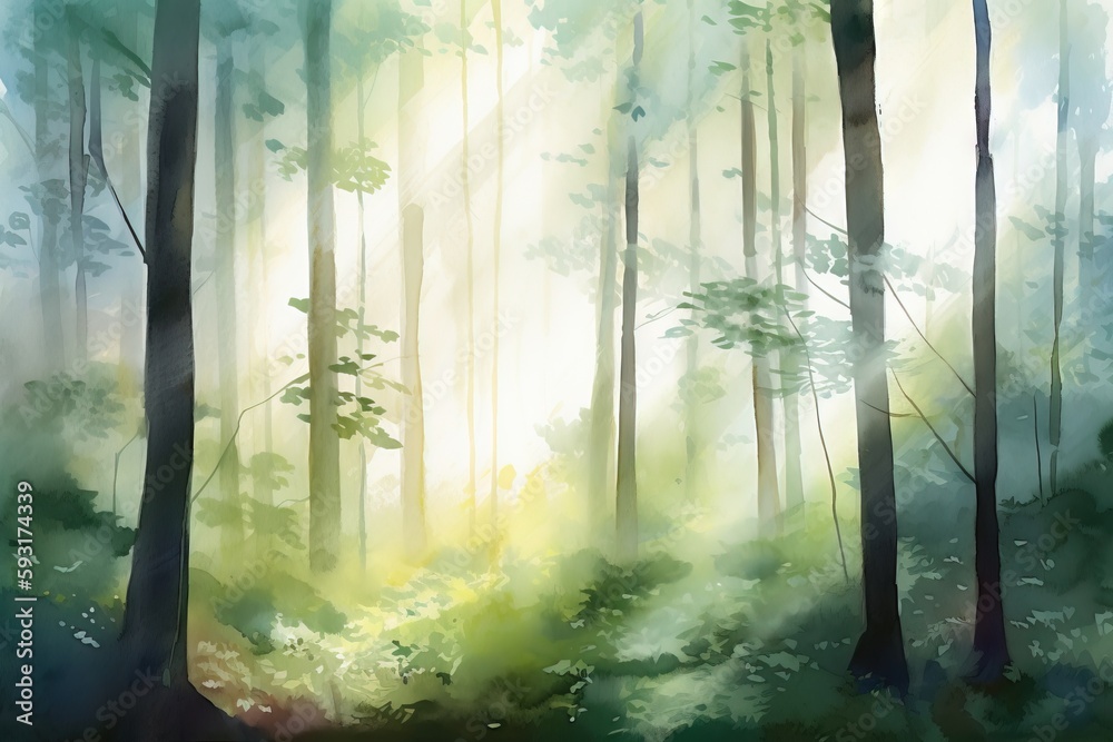  a painting of a forest filled with lots of green trees.  generative ai