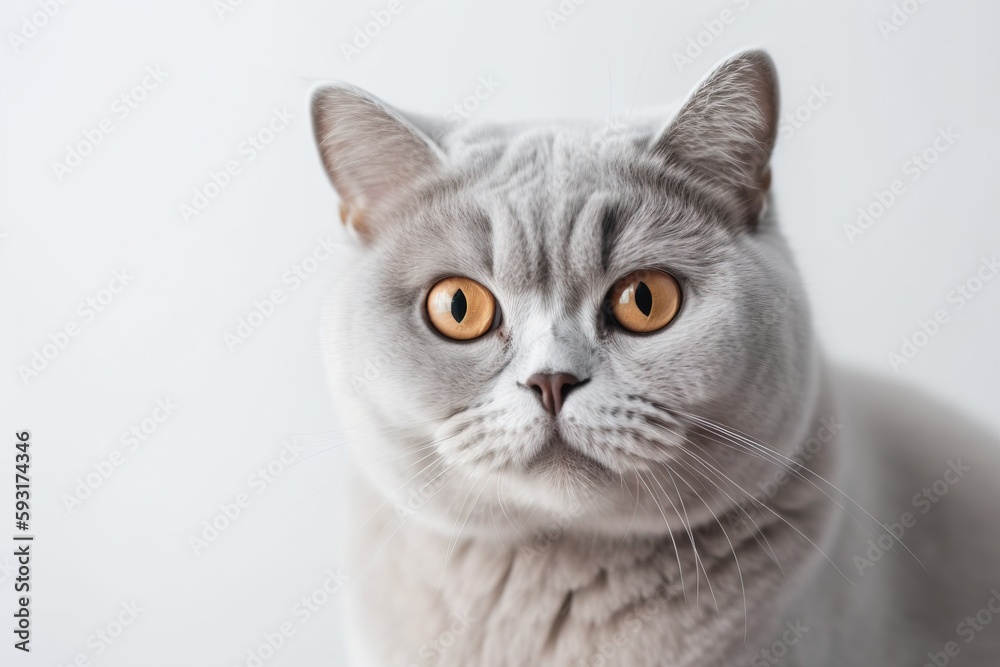  a gray cat with orange eyes looking at the camera with a white background.  generative ai