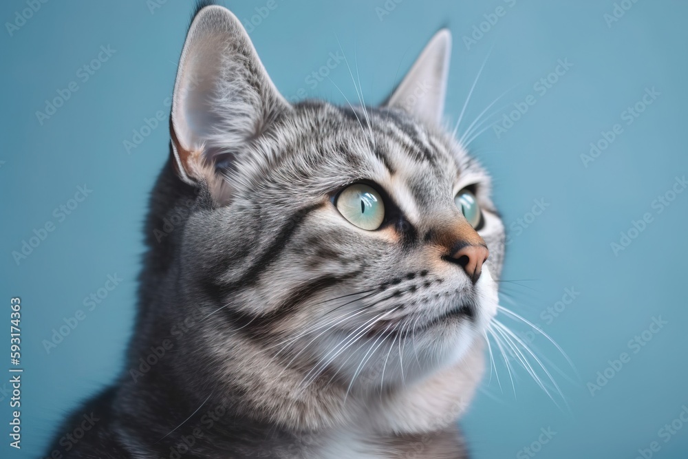  a gray cat with blue eyes looking up at the sky.  generative ai