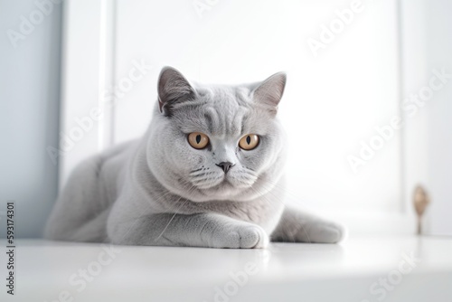  a gray and white cat laying on a white counter next to a window. generative ai