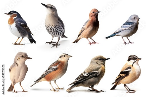  a group of birds standing next to each other on a white background. generative ai