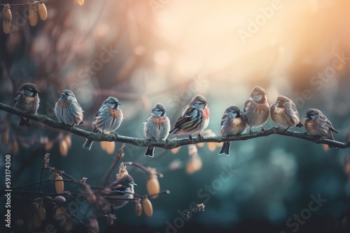  a group of small birds sitting on a branch in a tree. generative ai