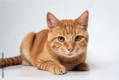  an orange cat laying down on a white surface looking at the camera. generative ai