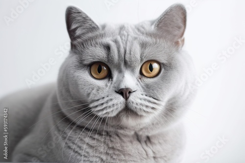  a gray cat with yellow eyes looking at the camera with a white background.  generative ai