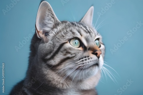  a gray cat with blue eyes looking up at the sky.  generative ai © Jevjenijs