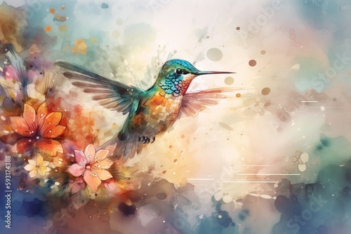  a painting of a hummingbird flying over a bunch of flowers.  generative ai © Jevjenijs
