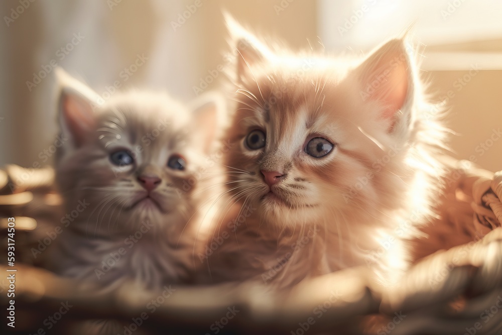  two kittens sitting in a basket looking at the camera.  generative ai