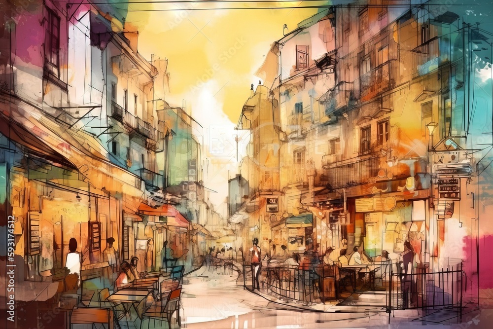  a painting of a city street with people sitting at tables.  generative ai