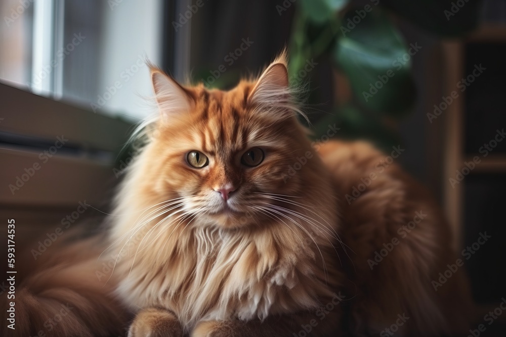  a fluffy orange cat sitting on the floor next to a window.  generative ai