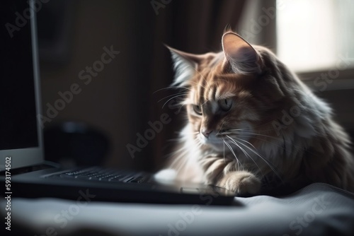  a cat sitting on a bed next to a laptop computer.  generative ai © Jevjenijs