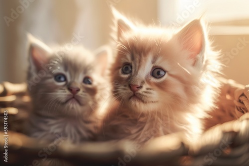  two kittens sitting in a basket looking at the camera. generative ai