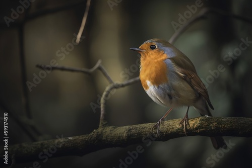  a small bird perched on a branch in a forest area.  generative ai © Jevjenijs