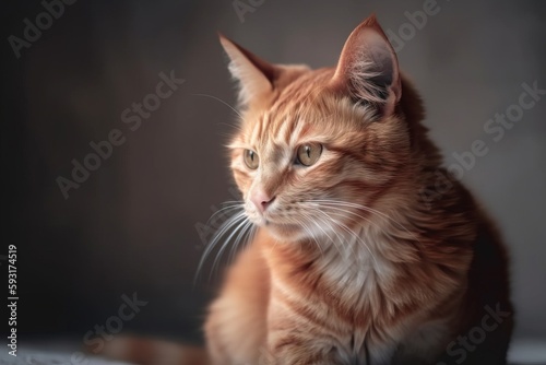  an orange cat sitting on top of a bed next to a wall.  generative ai © Jevjenijs