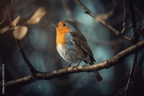  a small bird sitting on a tree branch with its mouth open.  generative ai © Jevjenijs