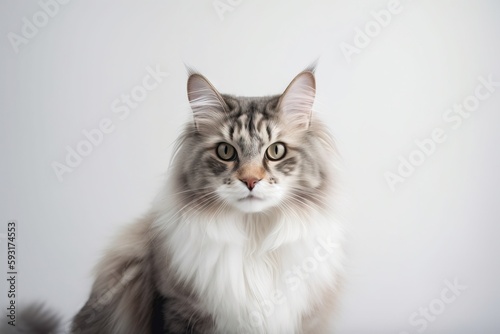  a long haired gray and white cat with a serious look on its face. generative ai