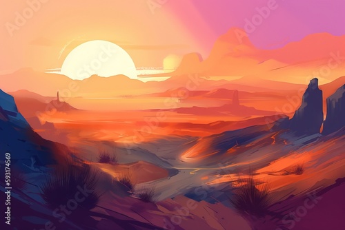  a digital painting of a sunset over a desert landscape with mountains.  generative ai © Jevjenijs