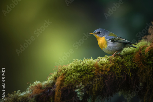  a small bird perched on a mossy branch with a green background.  generative ai © Jevjenijs
