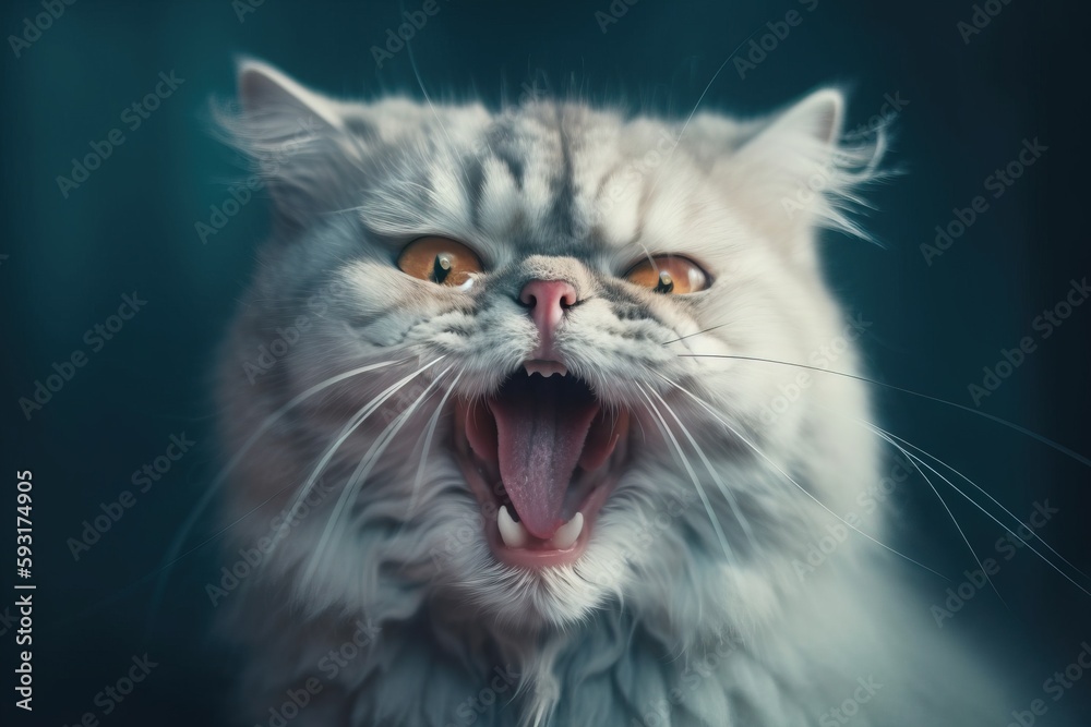 a cat with its mouth open and it's mouth wide open.  generative ai