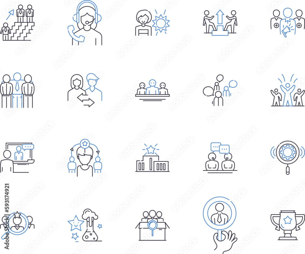 Business coaching outline icons collection. betweenMentoring, Consulting, Guiding, Training, Facilitating, Advising, Instructing vector and illustration concept set. Developing, Bridging, Directing