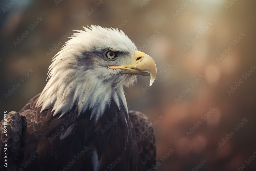 a bald eagle with a white head and yellow beak is standing in front of a blurry background. generative ai a bald eagle with a white head and yellow beak is standing in front of a blurry background. generative ai