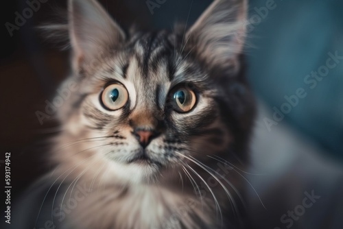  a close up of a cat with a blue eyes looking at the camera. generative ai