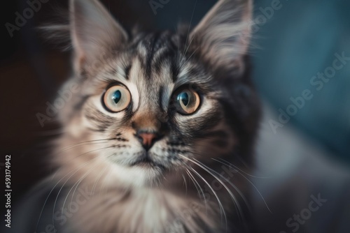 a close up of a cat with a blue eyes looking at the camera.  generative ai