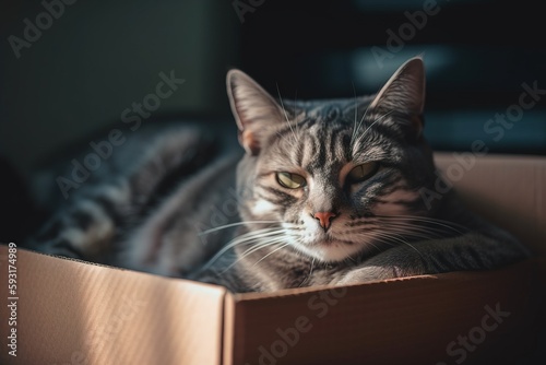  a cat is laying in a box on the floor of a room. generative ai