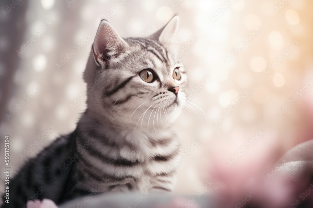 a cat looking up while sitting on a bed with a blurry background. generative ai a cat looking up while sitting on a bed with a blurry background. generative ai