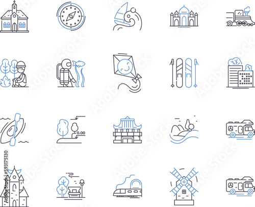 Wellness tourism outline icons collection. Wellness, Tourism, Health, Vacation, Retreat, Relaxation, Adventure vector and illustration concept set. Escape, Yoga, Fitness linear signs