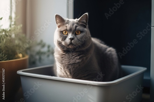  a gray cat sitting in a white bowl next to a potted plant. generative ai