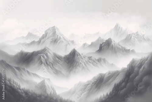  a black and white photo of a mountain range with fog.  generative ai © Jevjenijs