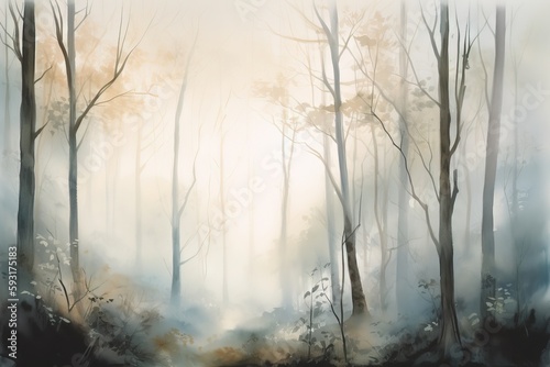 a painting of a foggy forest with trees in the foreground. generative ai