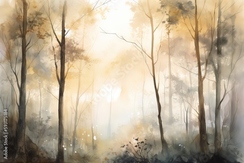  a painting of a forest with trees and fog in the background. generative ai