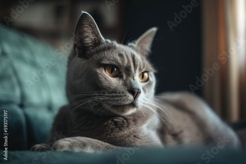  a gray cat laying on a couch looking at the camera. generative ai