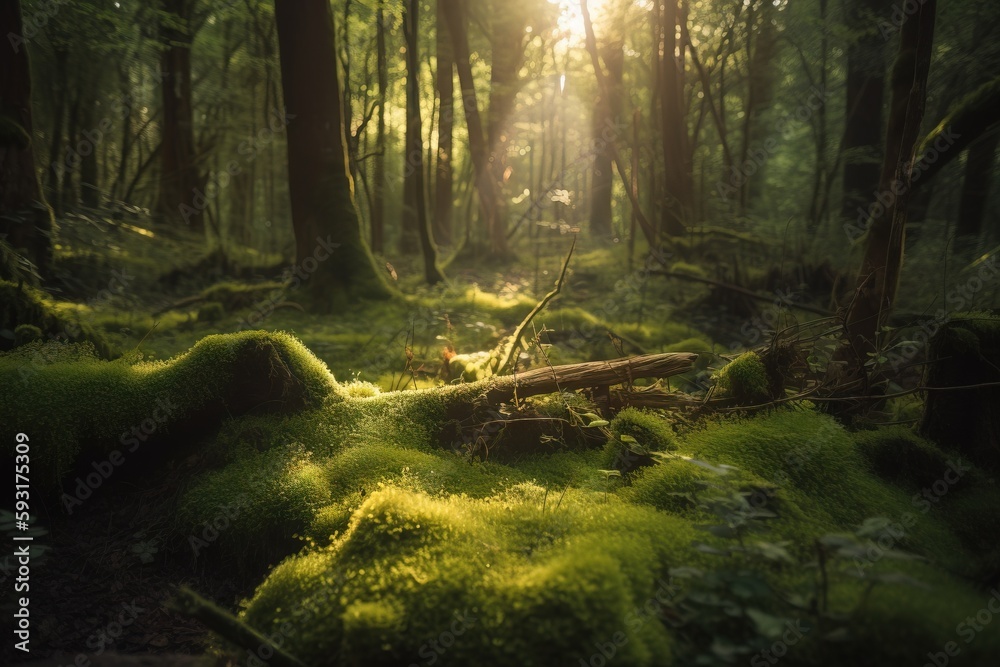 the sun shines through the trees in a green forest.  generative ai