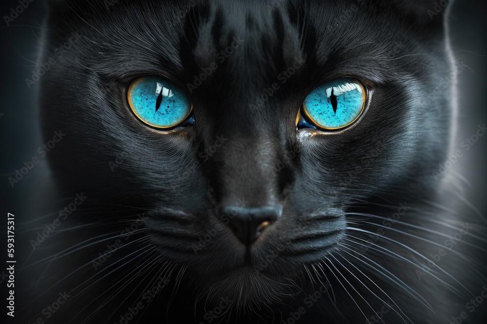 portrait of a black cat with blue eyes. isolated on black background. Generative AI