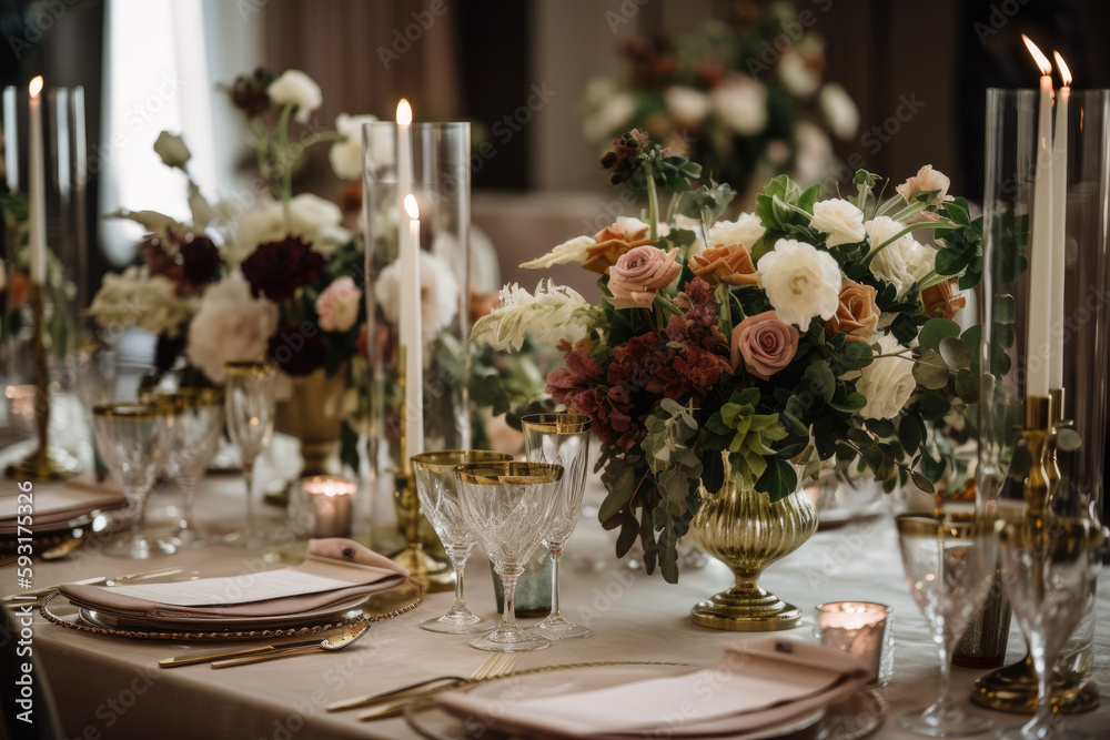 Beautiful table set for an event party or wedding reception. restaurant interior. Generative AI Beautiful table set for an event party or wedding reception. restaurant interior. Generative AI
