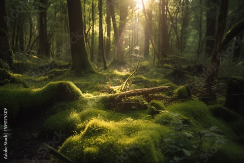  the sun shines through the trees in a green forest. generative ai