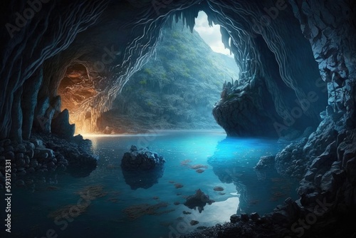 The blue water is illuminated by sunlight that enters the cave through the openings. In the cave, transparent pools cascade below. The interior of the rock has walls that are stone gray. artwork