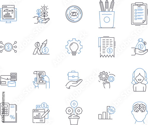 Financial Planning outline icons collection. Investing, Savings, Budgeting, Retirement, Insurance, Stocks, Bonds vector and illustration concept set. Annuities, Hedge Funds, Risk Management linear