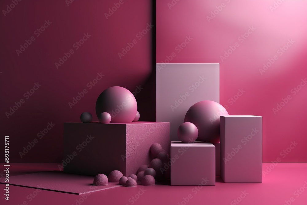 a group of balls and cubes on a pink surface. generative ai a group of balls and cubes on a pink surface. generative ai