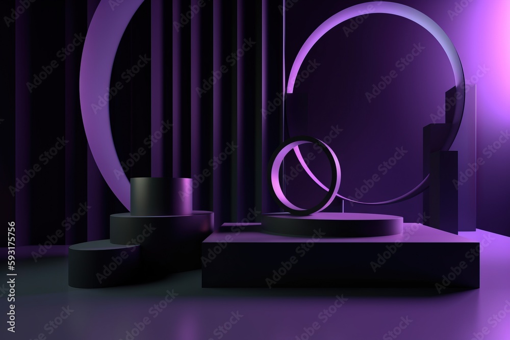 a purple room with a round object on a pedestal and a purple curtain.  generative ai